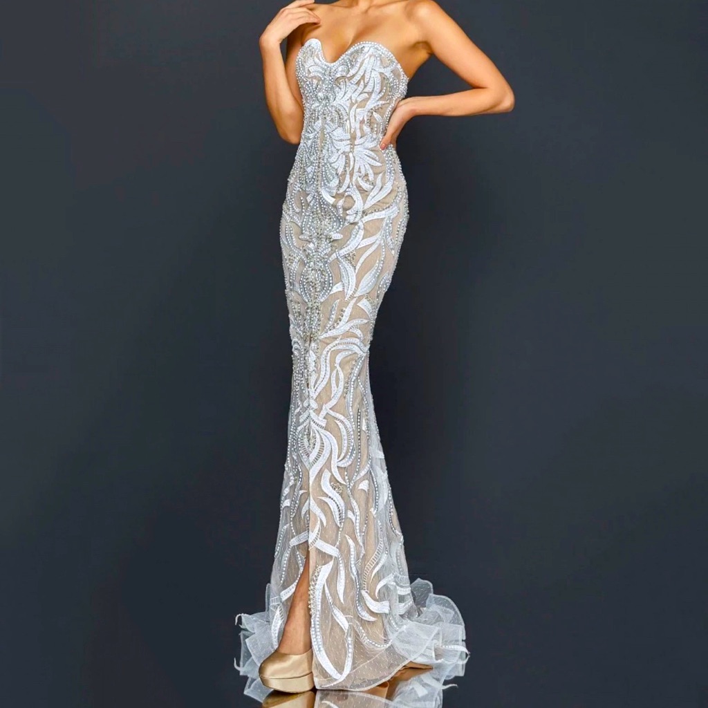 Terani Couture Silver And Cream Prom Dress
